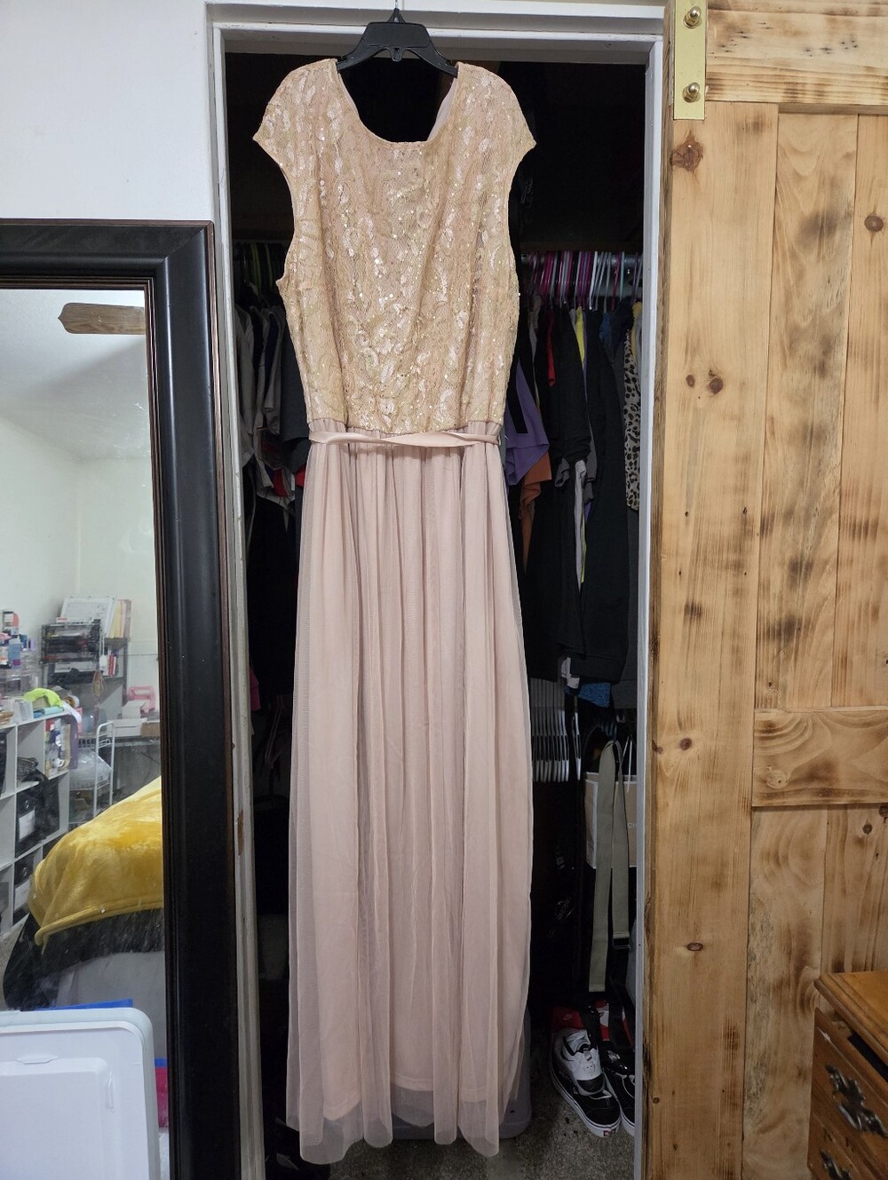 Elegant Blush Pink Sequin Bodice Maxi Dress
